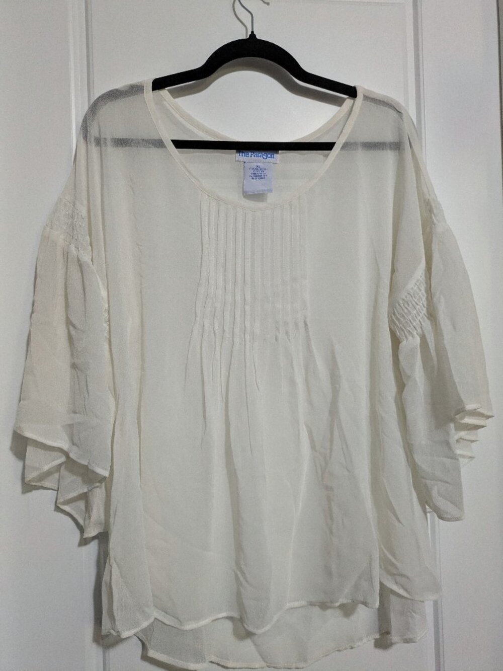The Paragon Flare 1/2 Length Sleeve Sheer White Blouse (XL)